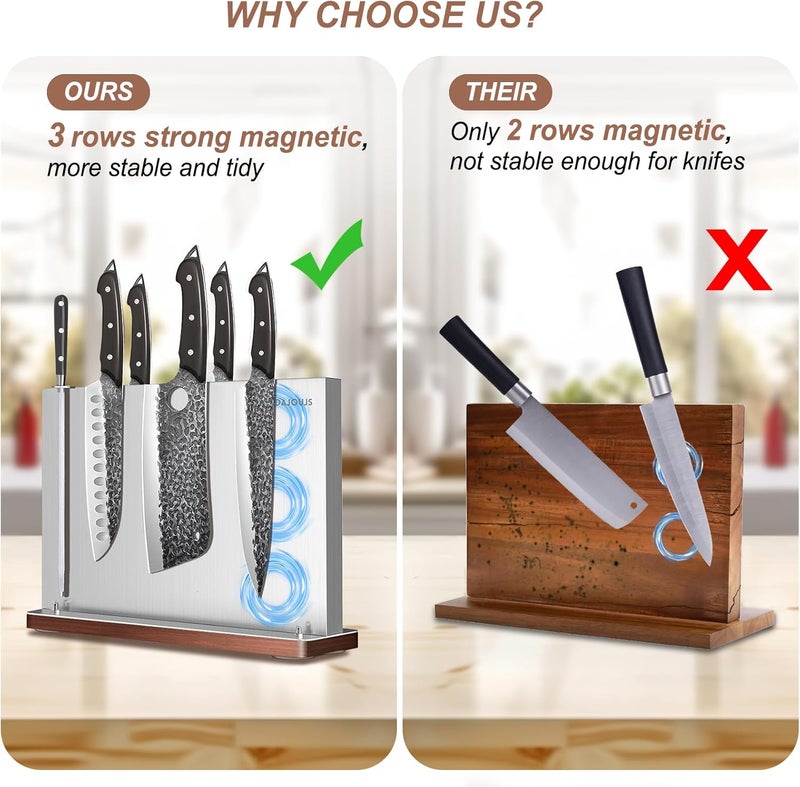 DAJOUJS Magnetic Knife Holder, Stainless Steel Magnetic Knife Block without Knives, Strong Double Sided Magnet Knife Storage Strip with Wood Base for Kitchen Counter-Silver - Image 2